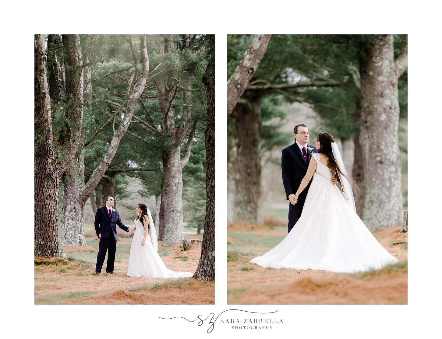 bride and groom hug in woods at Foster Country Club