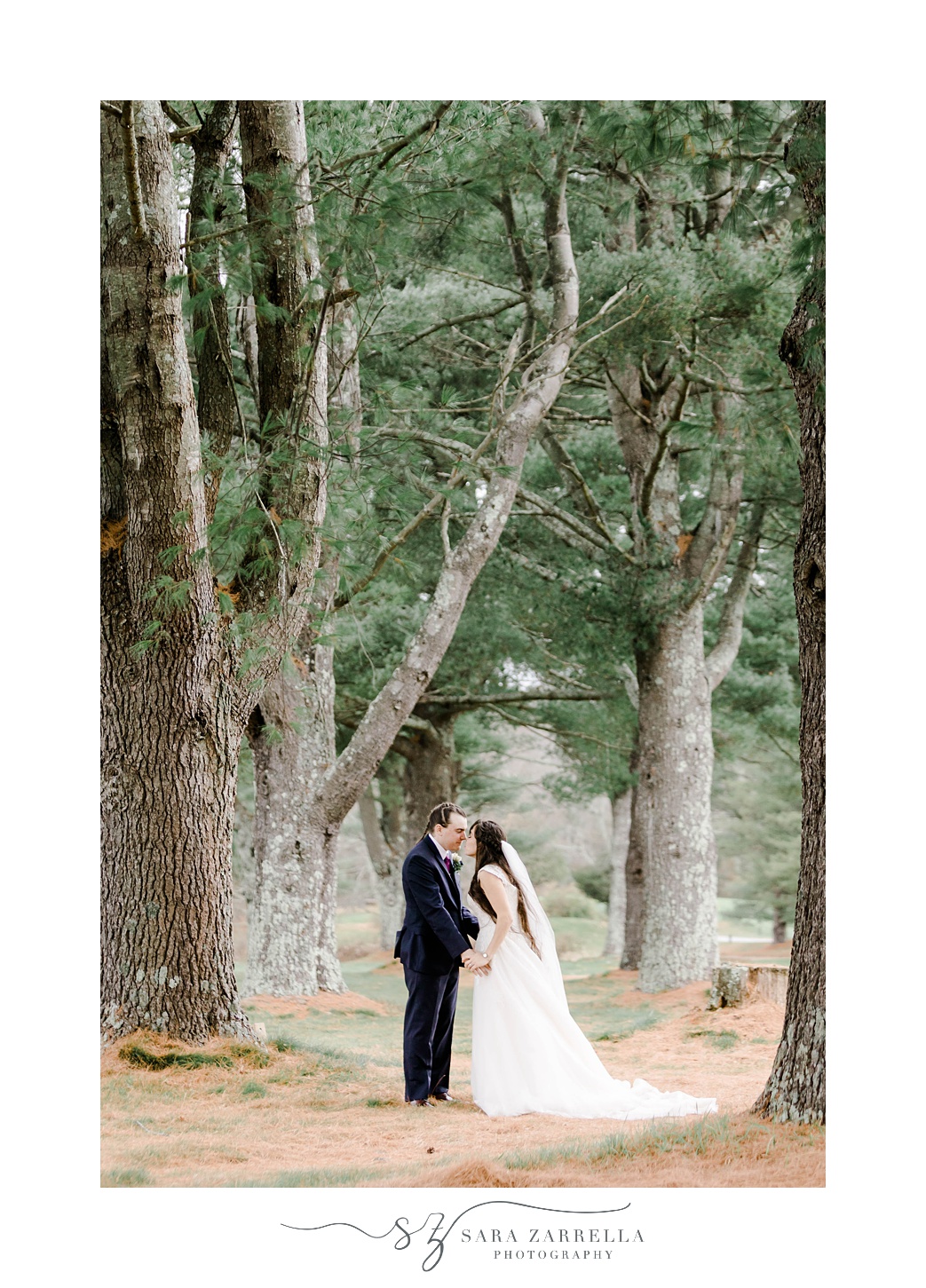 bride and groom kiss inside woods