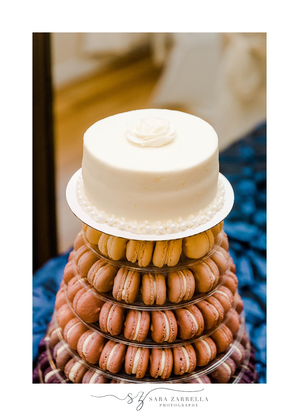 wedding cake on macaron tower at Foster Country Club