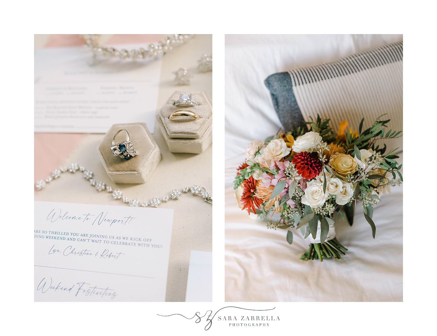 fall bouquet and bride's jewelry for wedding at Newport Harbor Island Resort