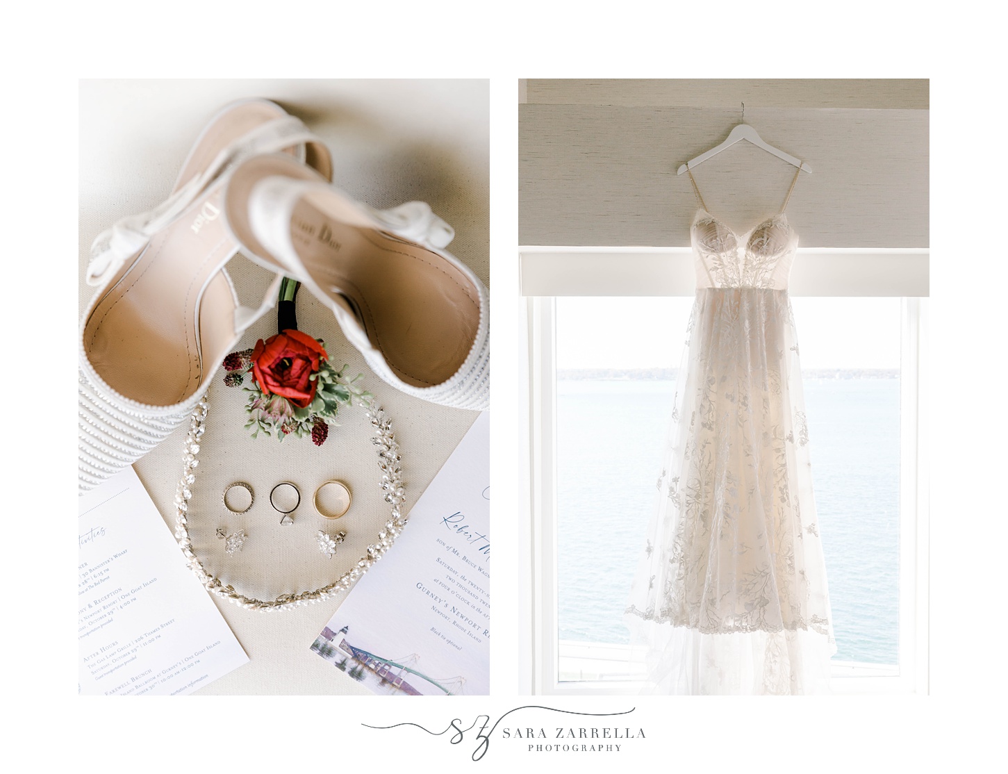 wedding dress with lace details hangs in window of bridal suite at Newport Harbor Island Resort