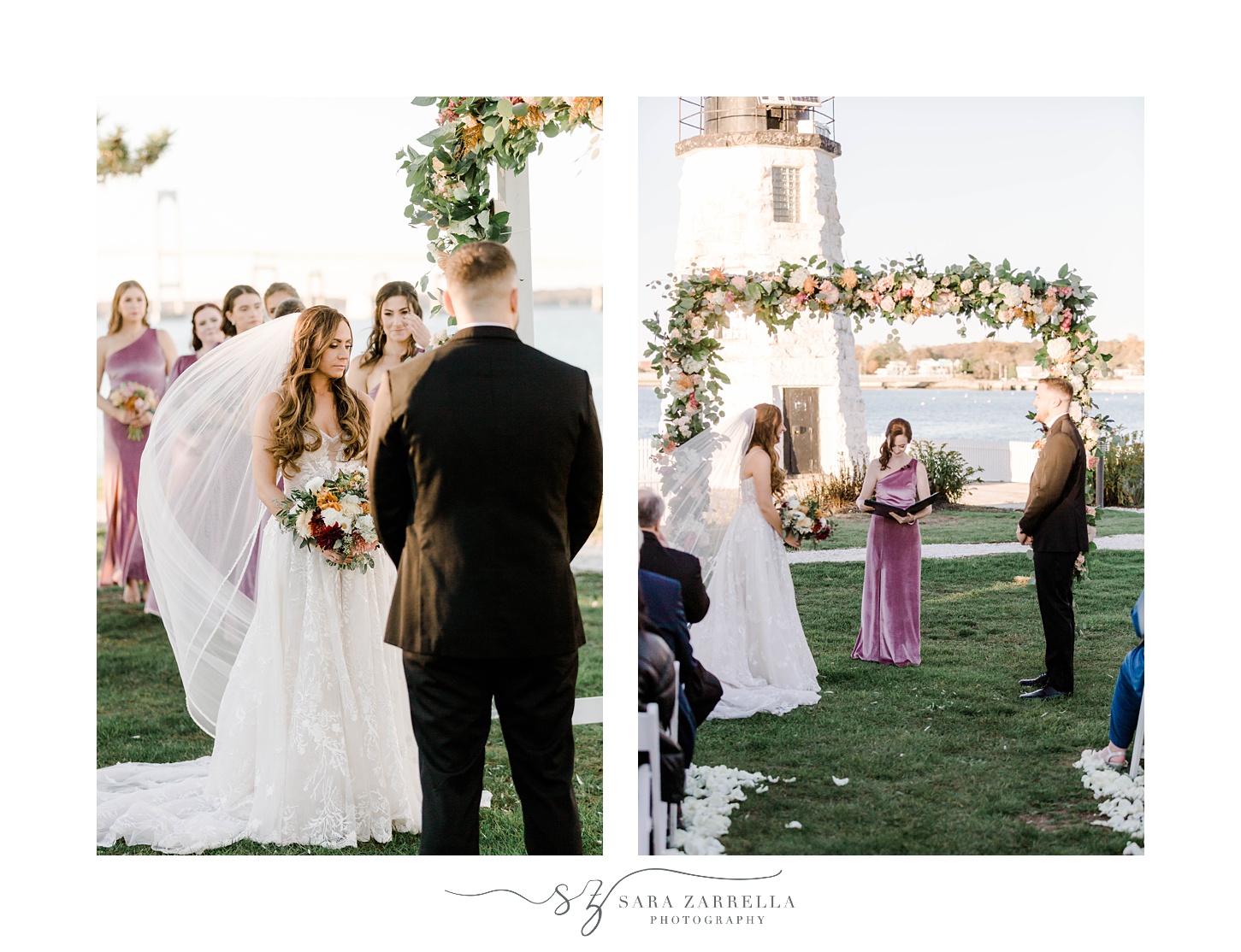 bride and groom hold hands by arbor at Newport Harbor Island Resort