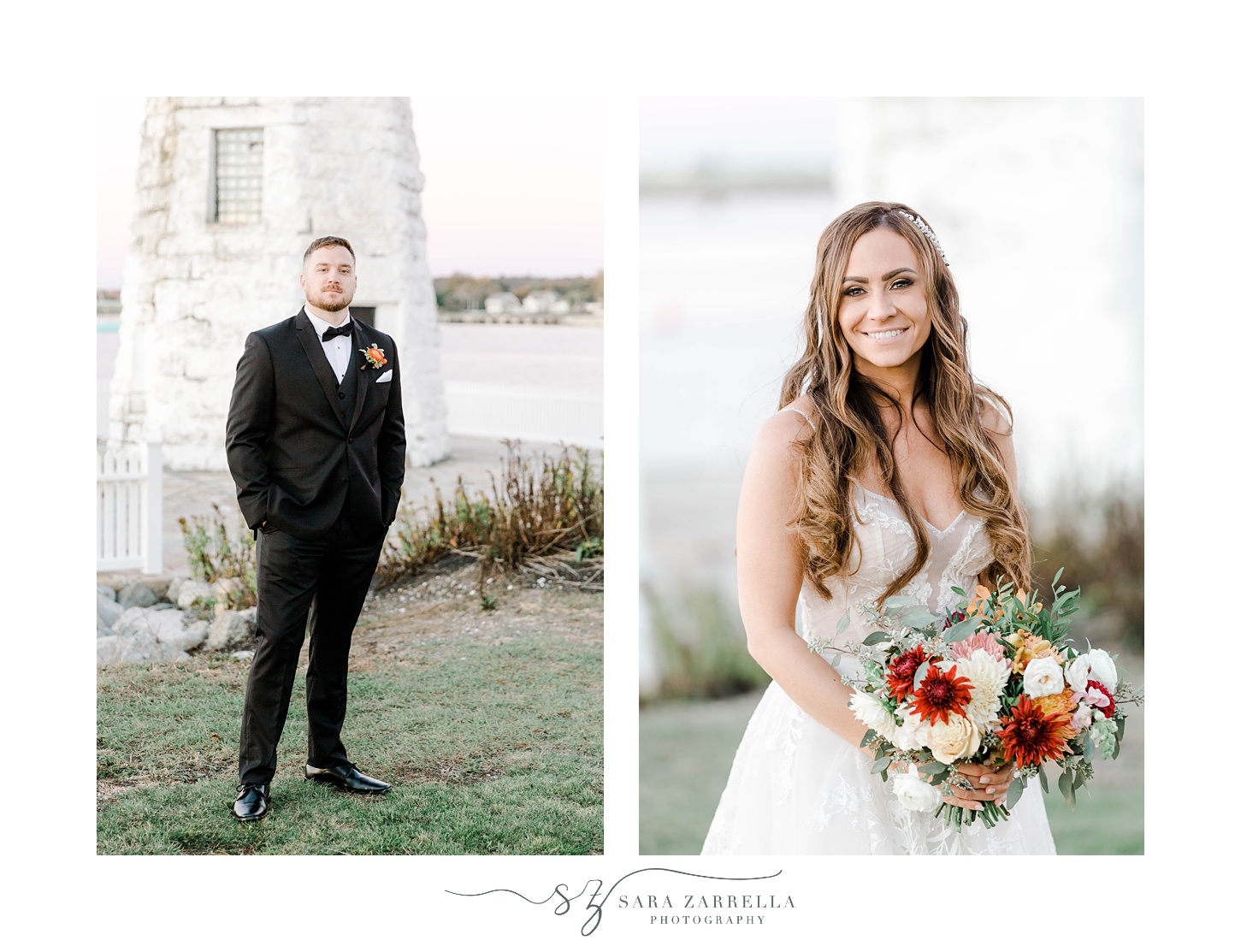 bride poses in strapless gown with fall bouquet by Lighthouse 
