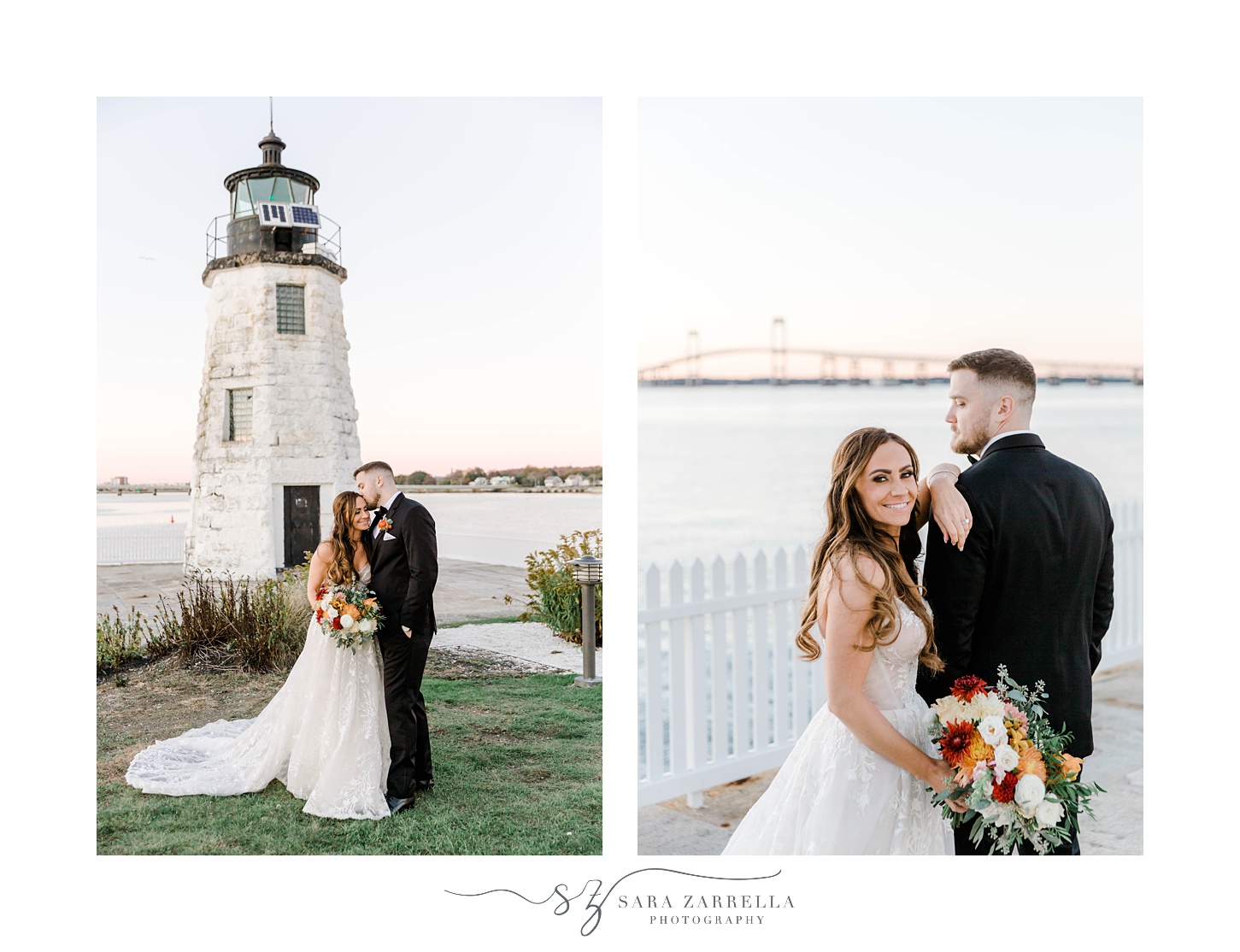 bride and groom hug by Newport Lighthouse 