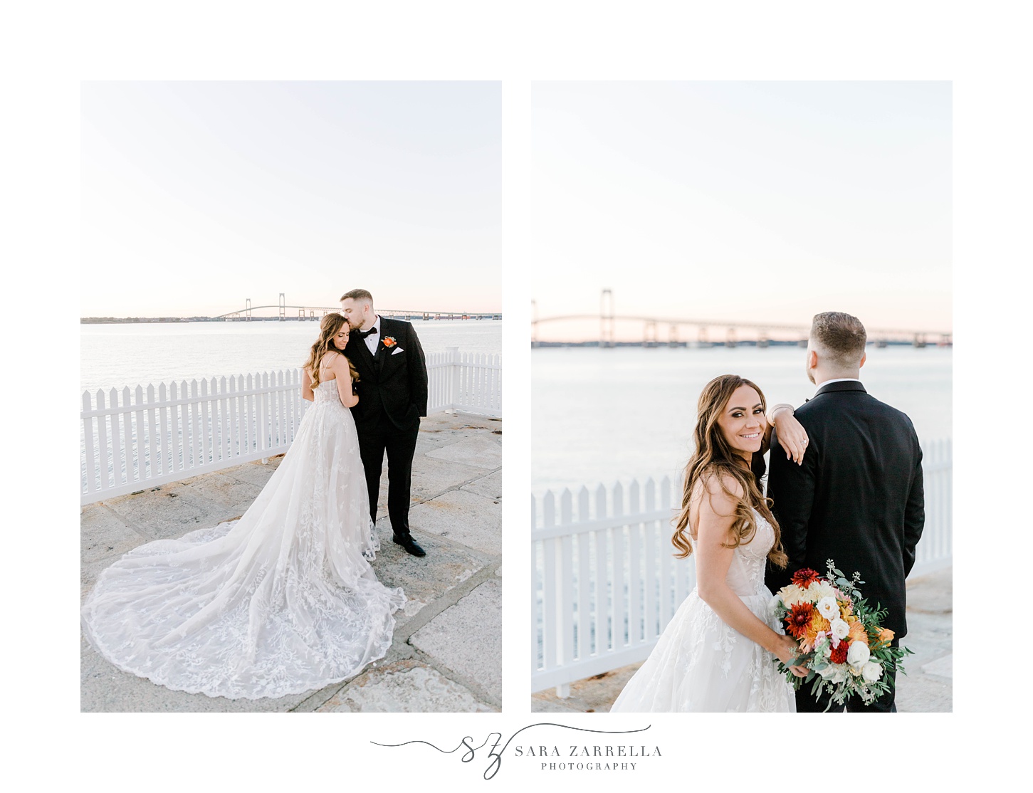 newlyweds stand together in front of Newport Bridge 