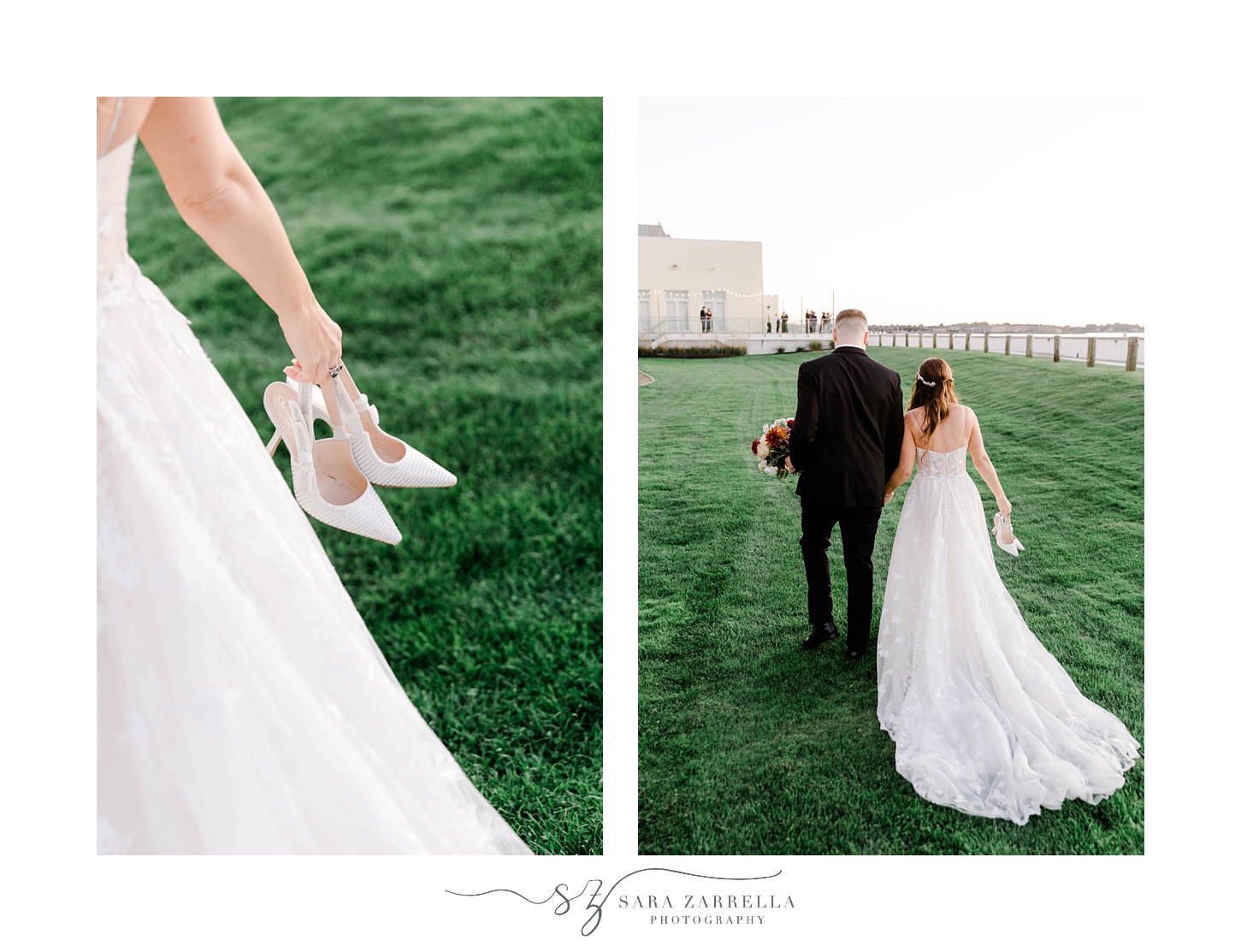 bride and groom walk on lawn at Newport Harbor Island Resort while bride carries shoes 