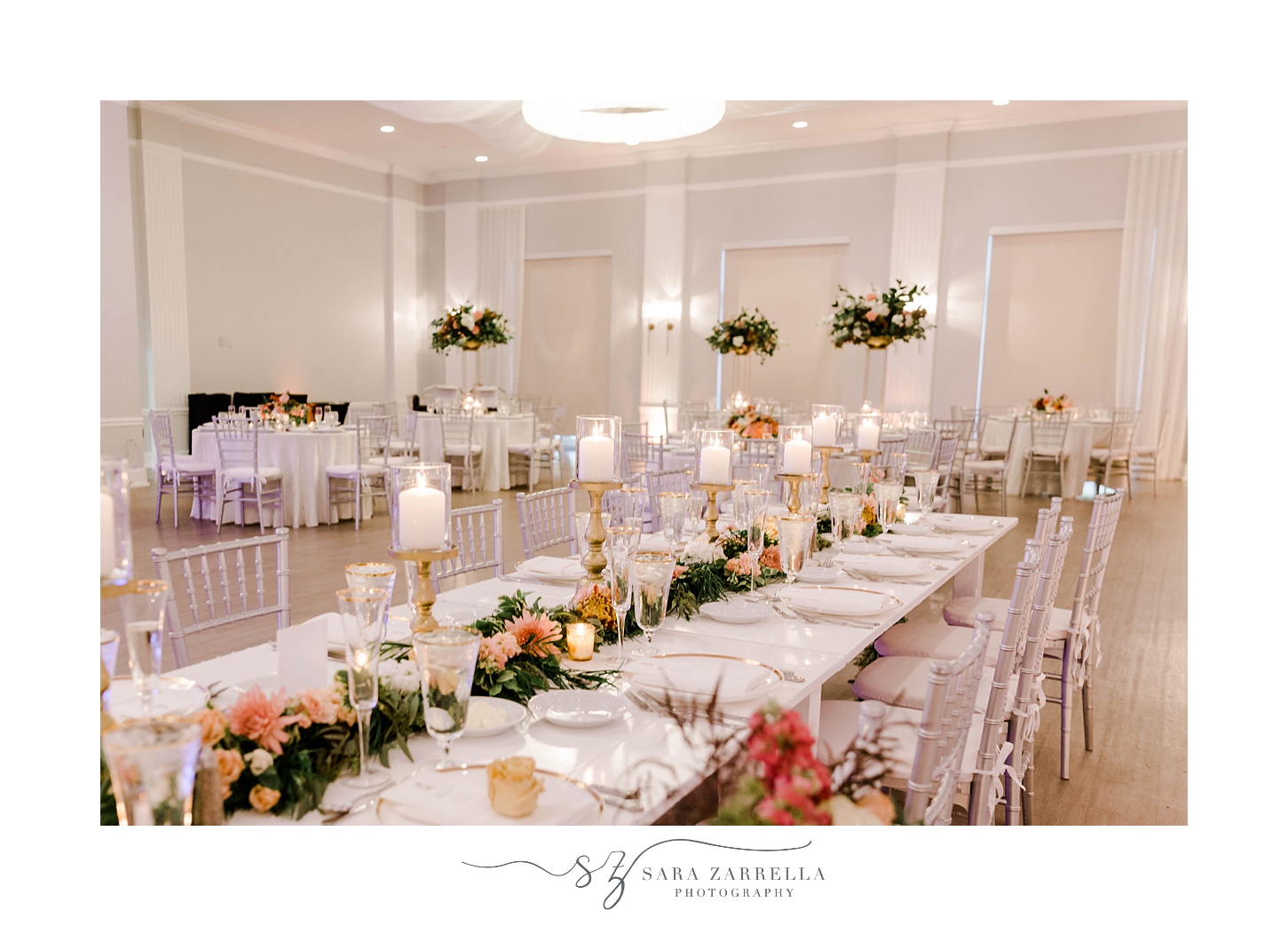 fall wedding reception at Newport Harbor Island Resort with tall floral centerpieces  