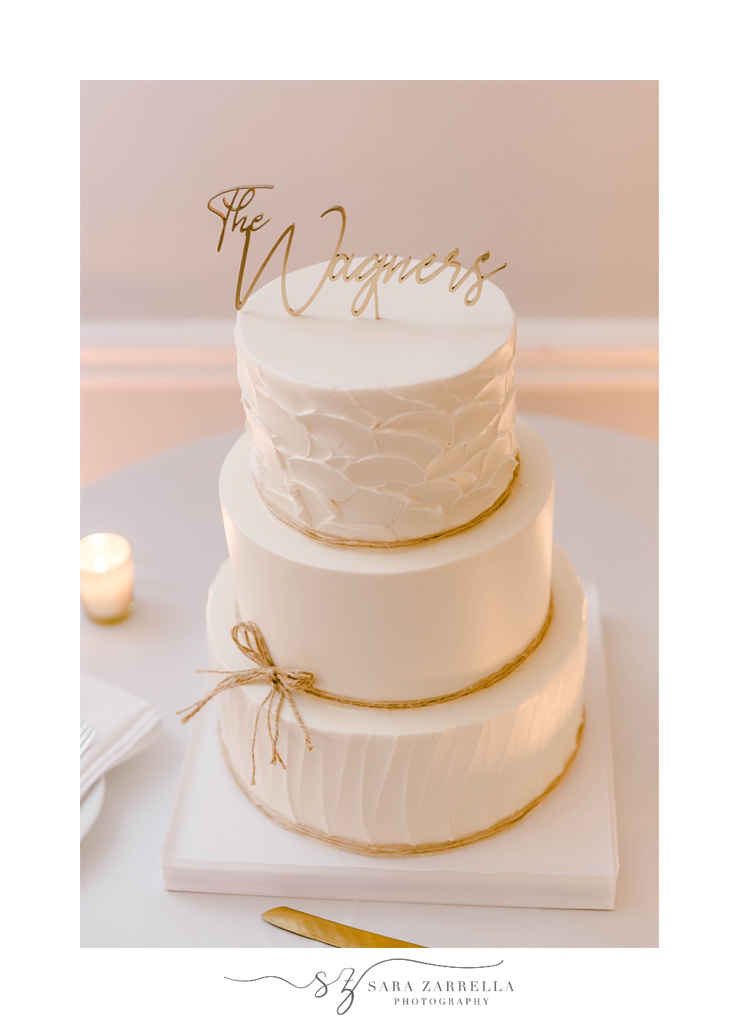 wedding cake with custom topper at Newport Harbor Island Resort