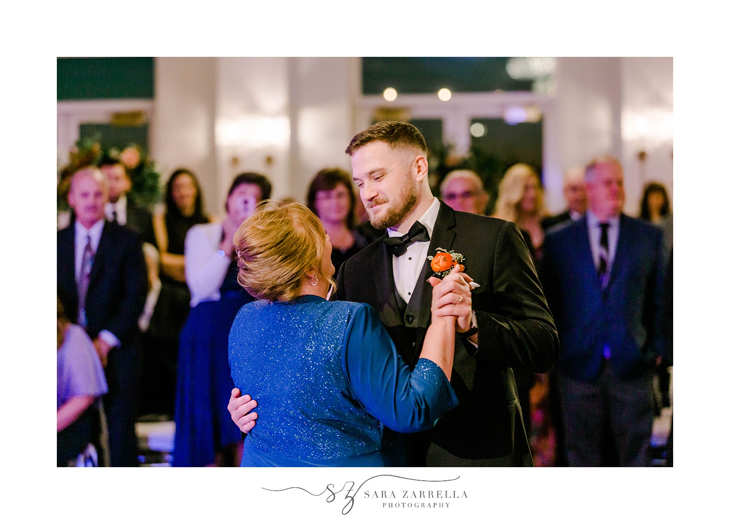 groom and mother dance during Newport RI wedding reception 