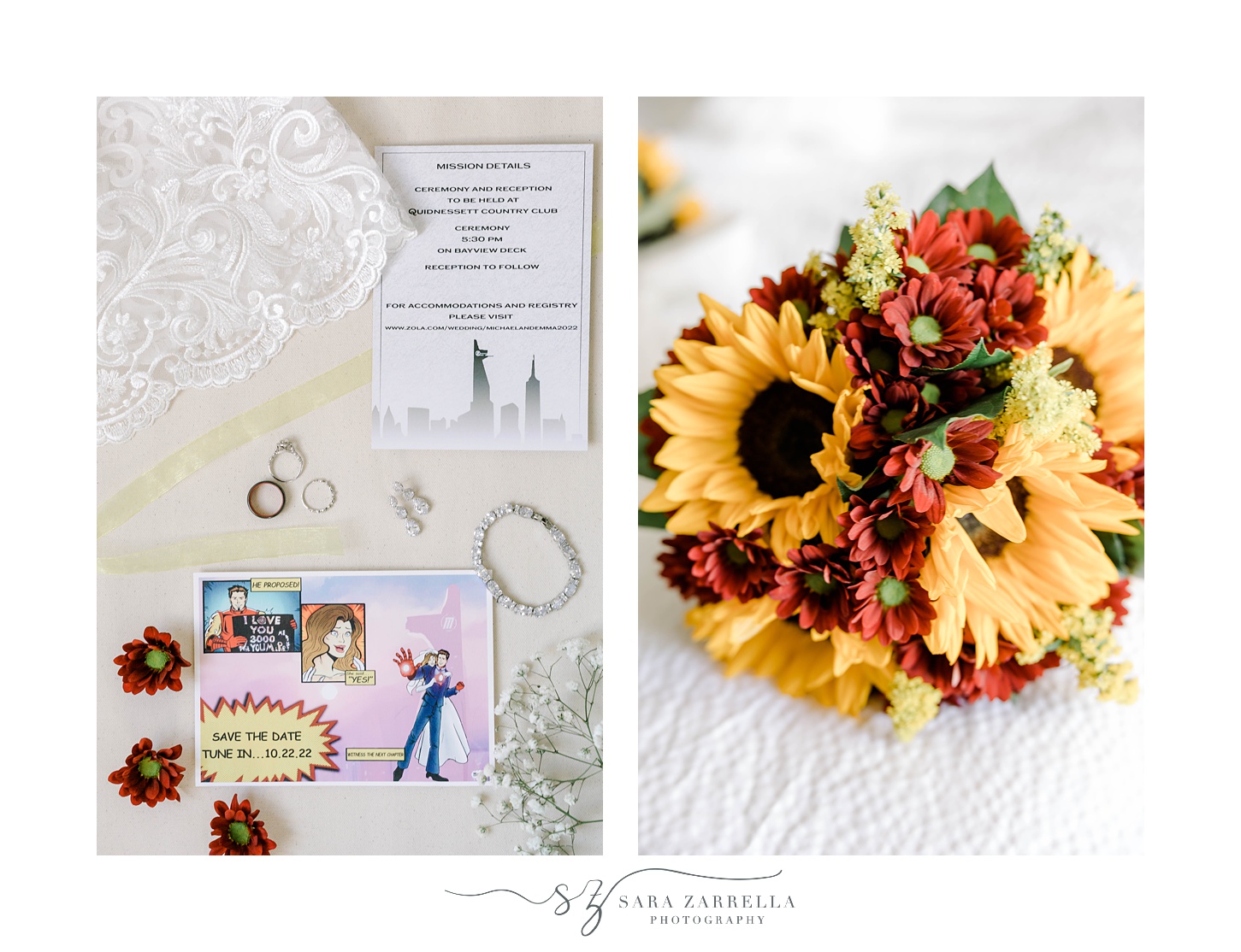 invitation suite with cartoon save the date and sunflowers for fall Quidnessett Country Club wedding