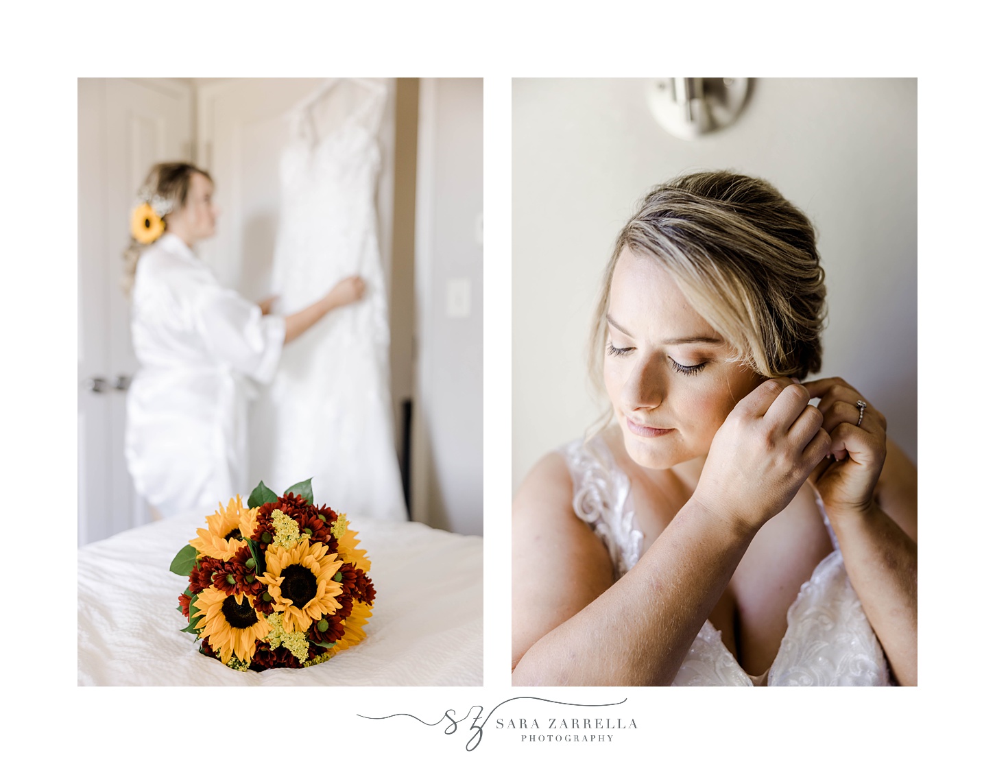 bride adjusts earrings before fall wedding at Quidnessett Country Club