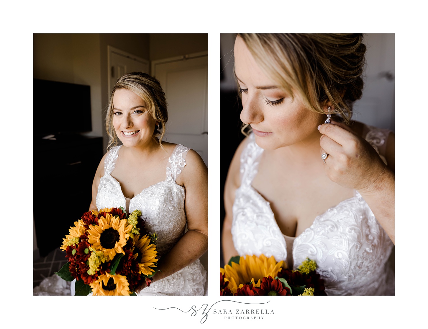 bride holds bouquet of red flowers and sunflowers for fall wedding at Quidnessett Country Club