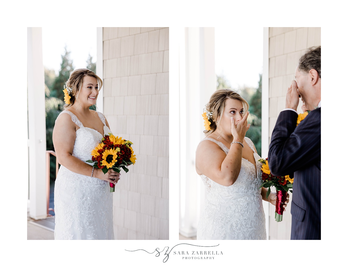 bride cries with dad during first look at Quidnessett Country Club