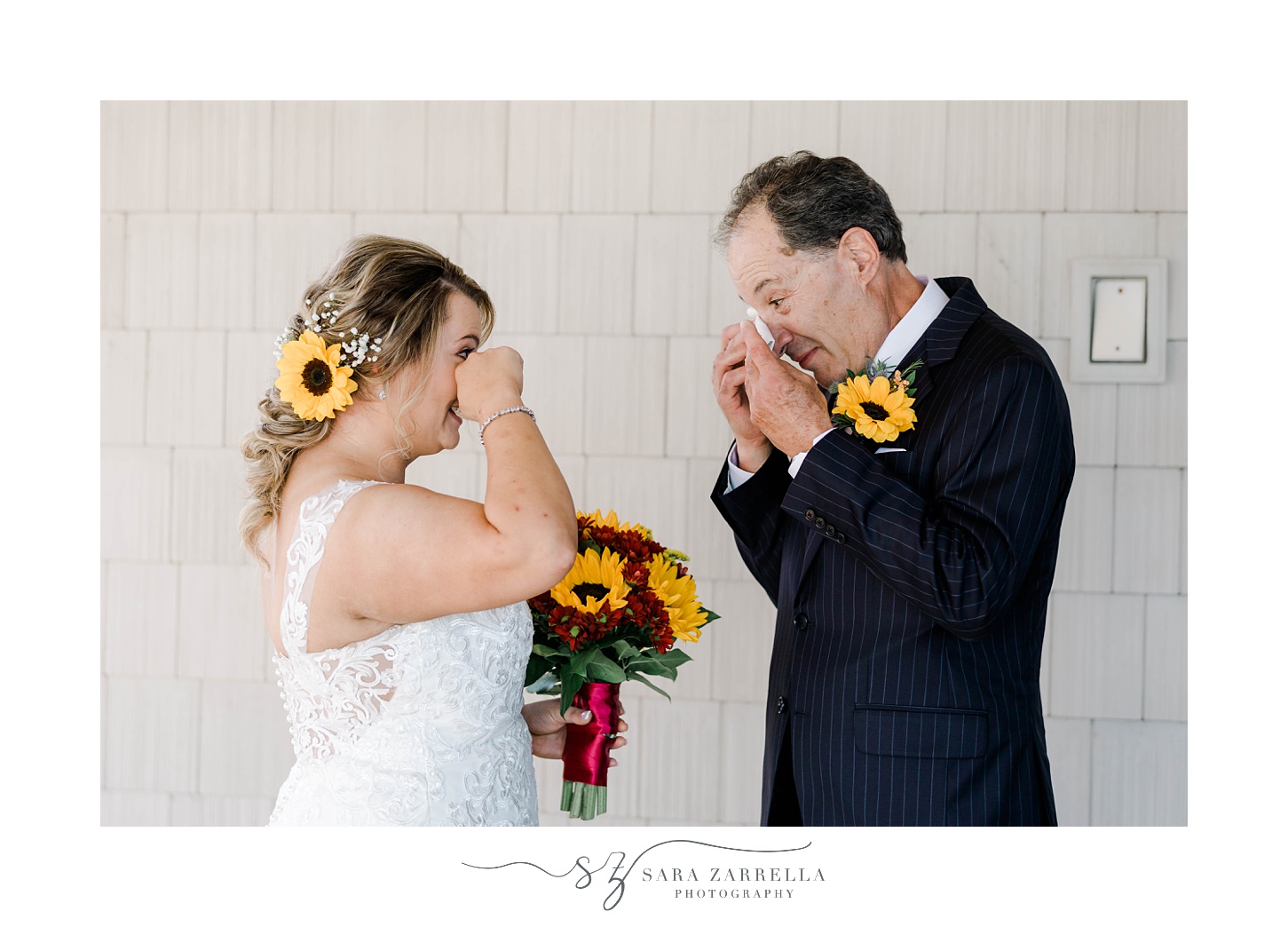 bride and dad cry during first look on fall wedding day