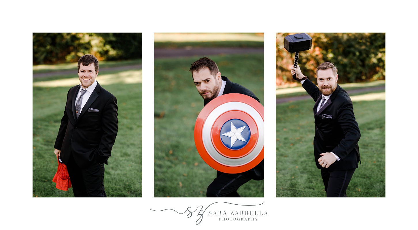 groomsmen pose with Marvel props during portraits in Rhode Island