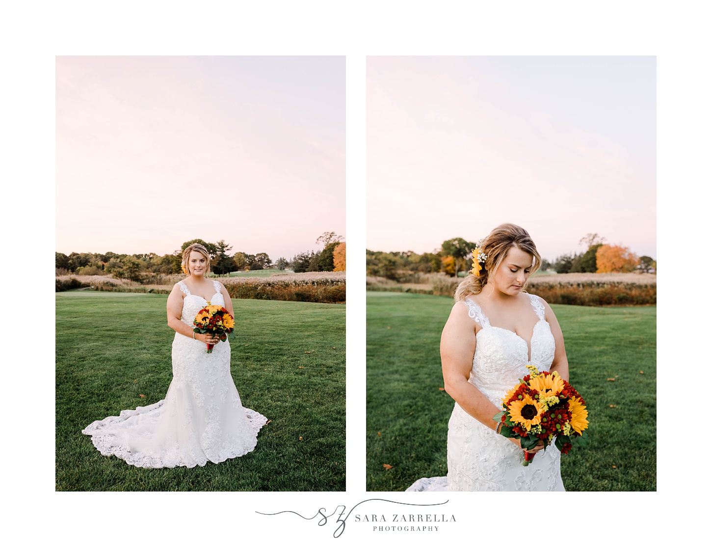 bride holds bouquet of red flowers and sunflowers at sunset