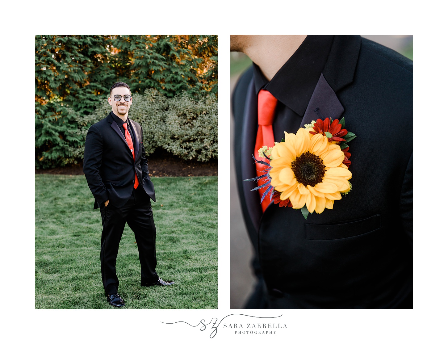 groom in black suit with sunflower boutonniere and Tony Stark inspired sunglasses 