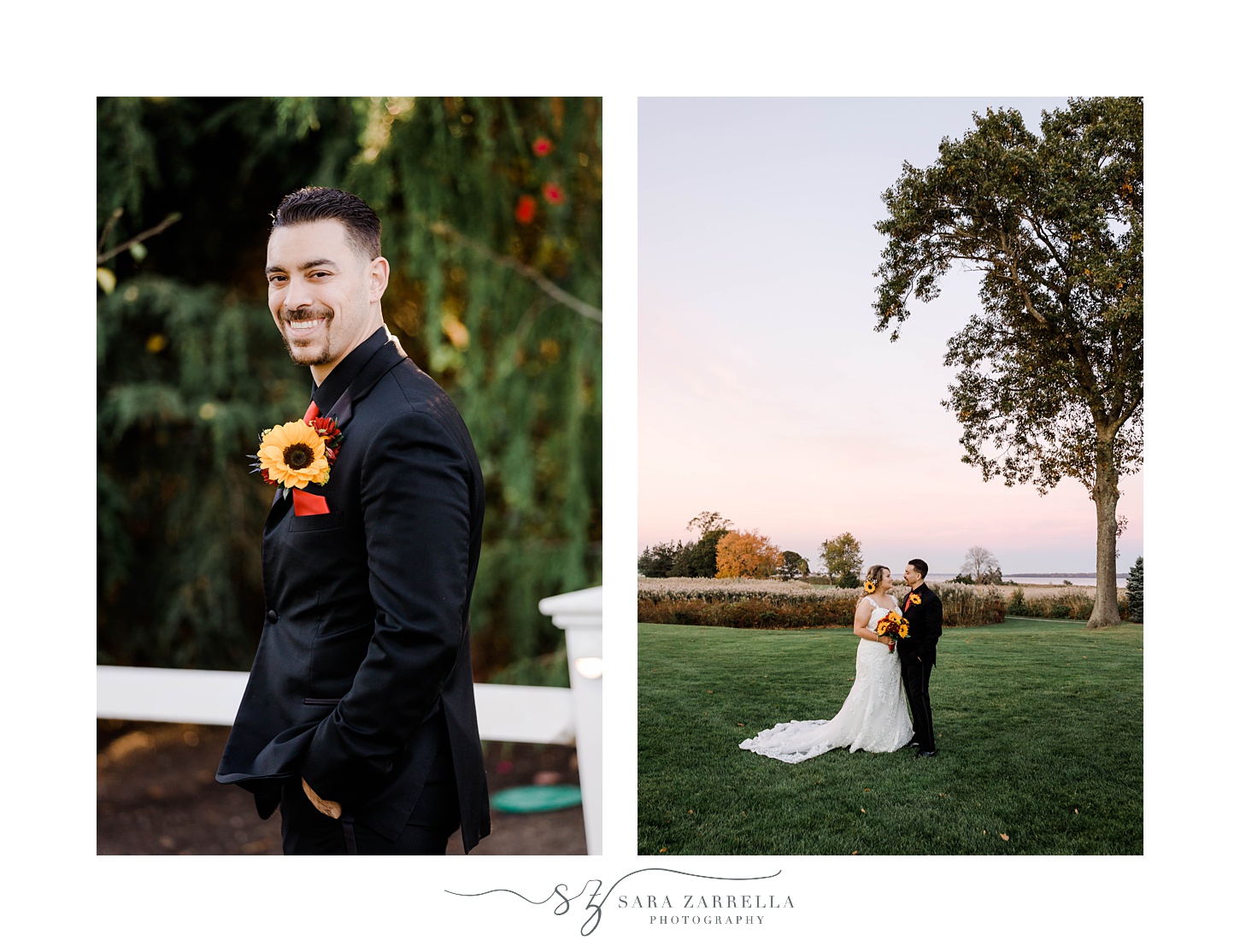 groom smiles in black suit while hugging bride at sunset 