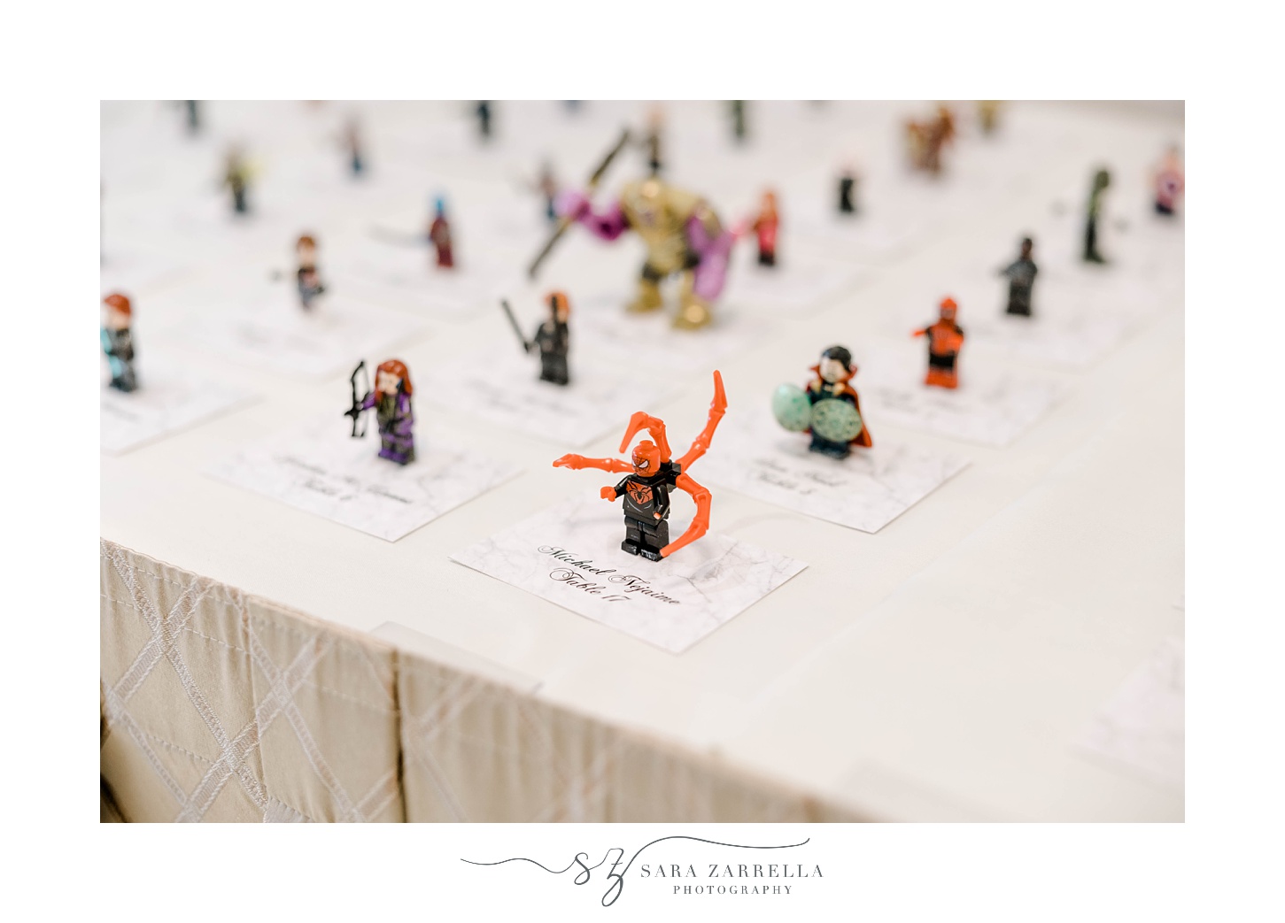 seating card display with mini figurines from Lego 