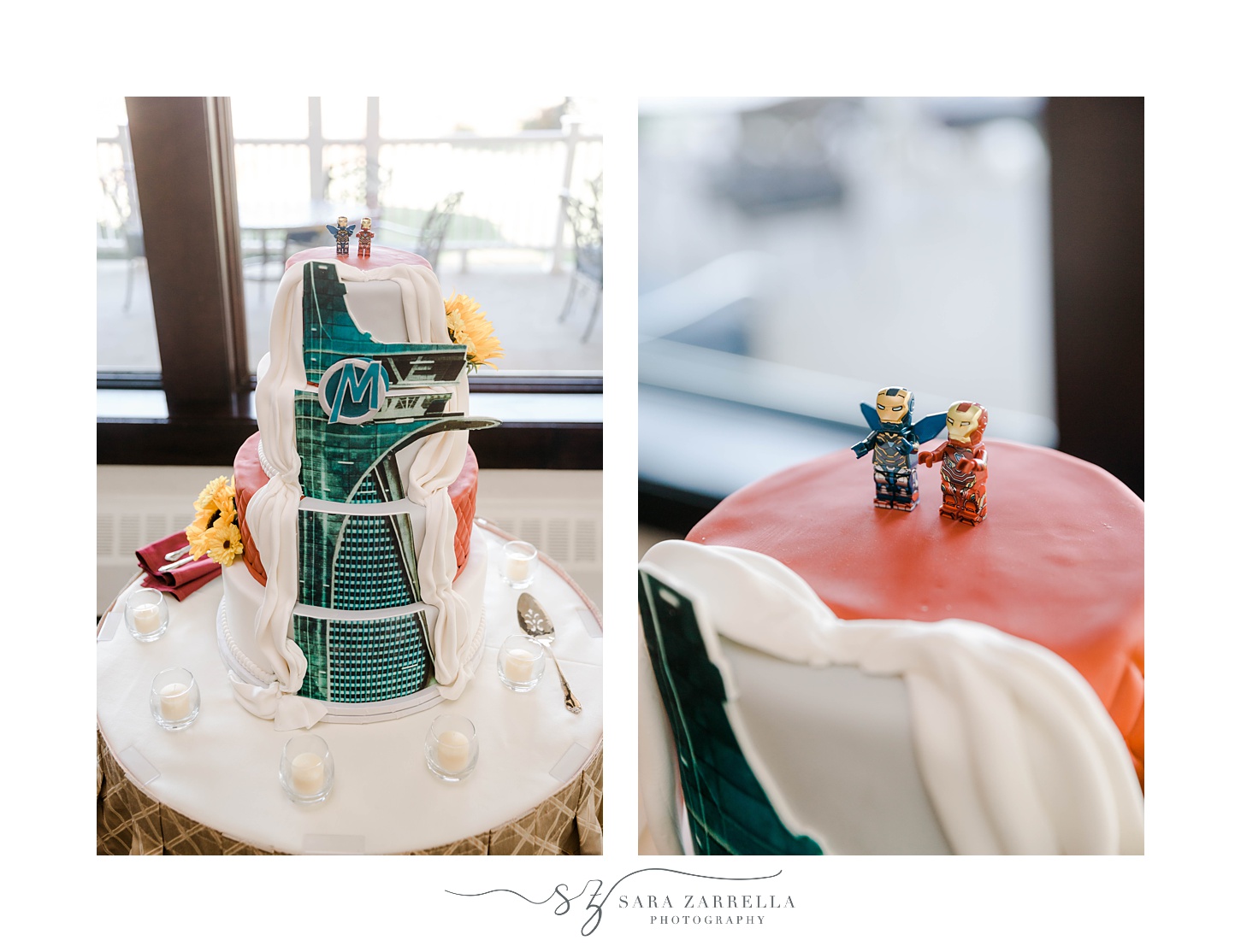 wedding cake with Avengers tower on backside 
