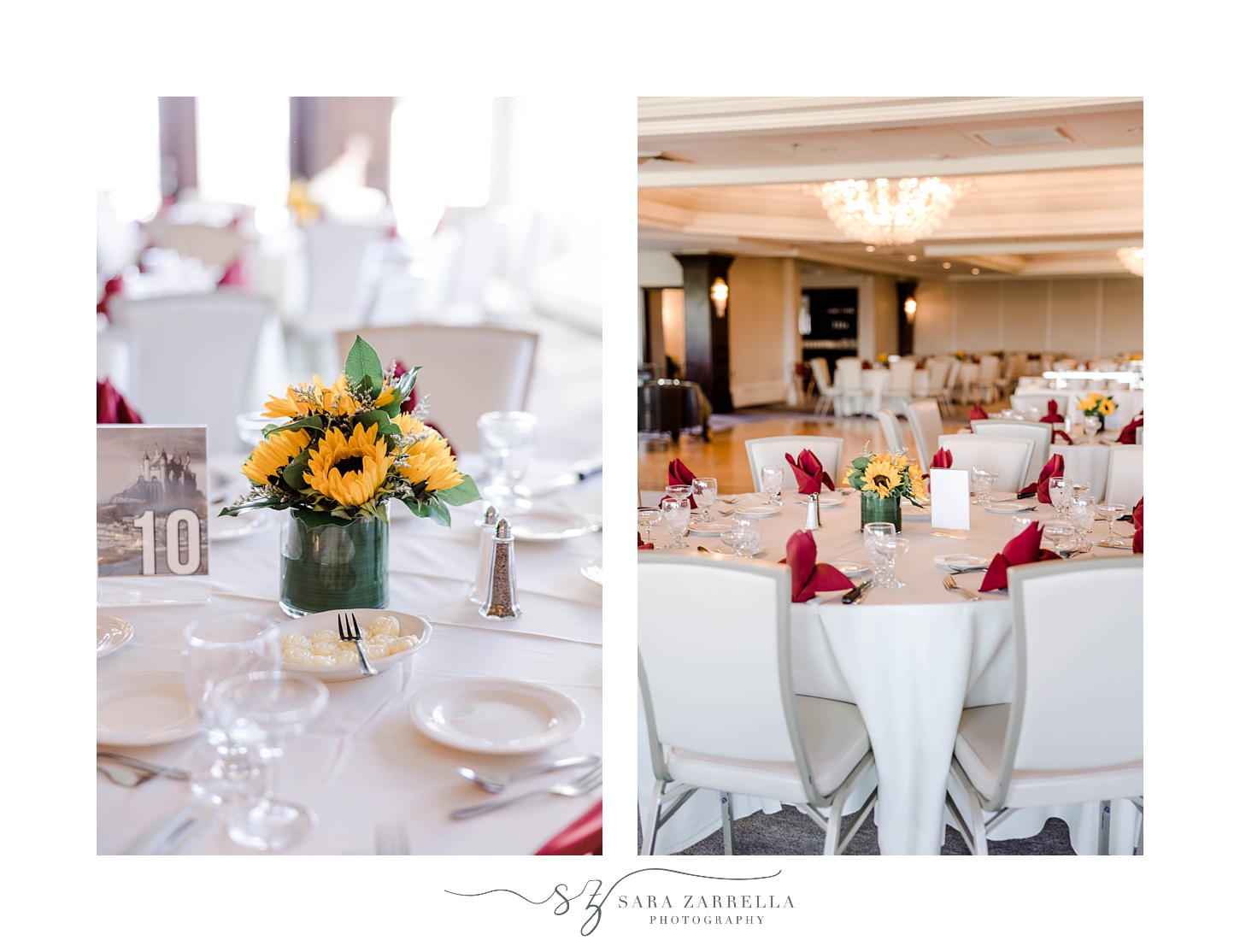 fall wedding reception at Quidnessett Country Club with red napkins 