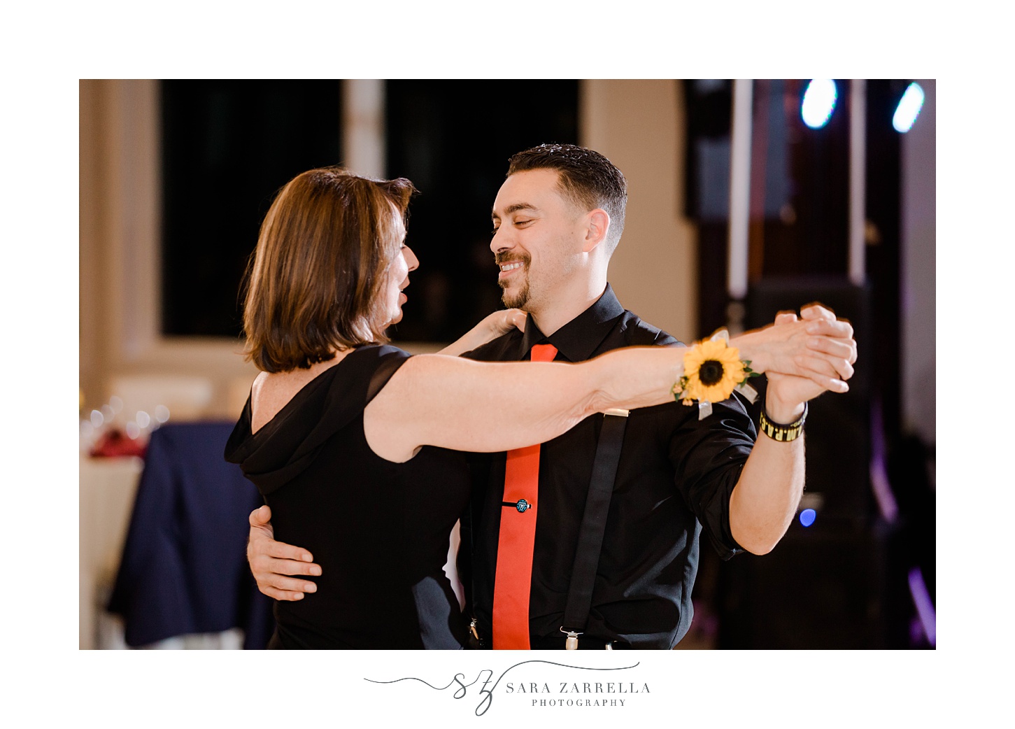 groom and mom dance during RI wedding reception