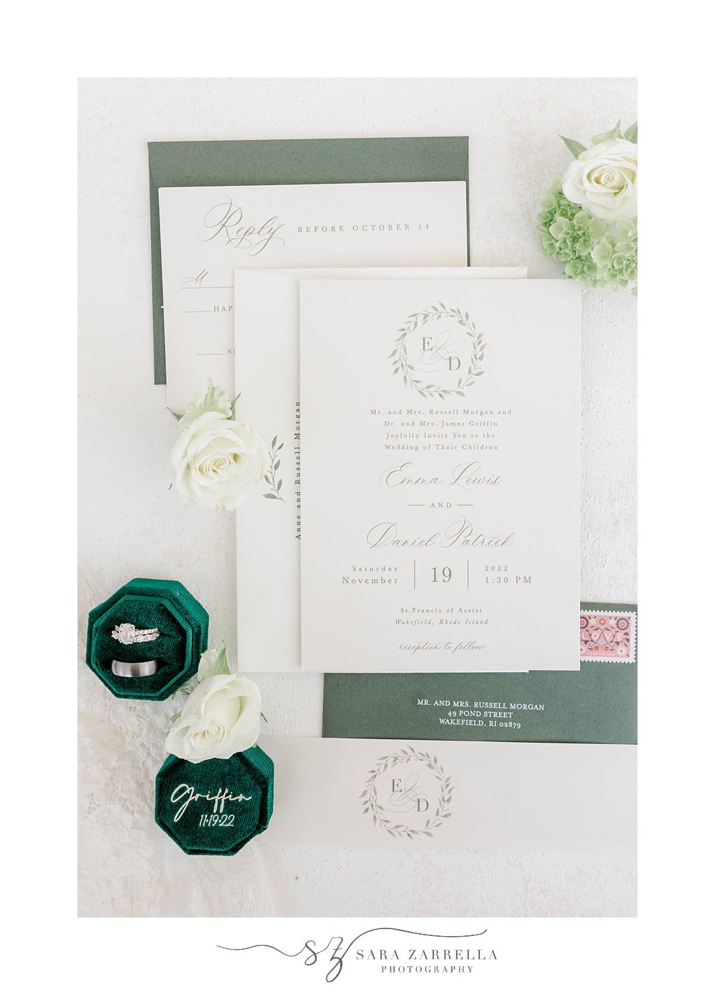stationery for fall Shepard’s Run wedding with green accents 
