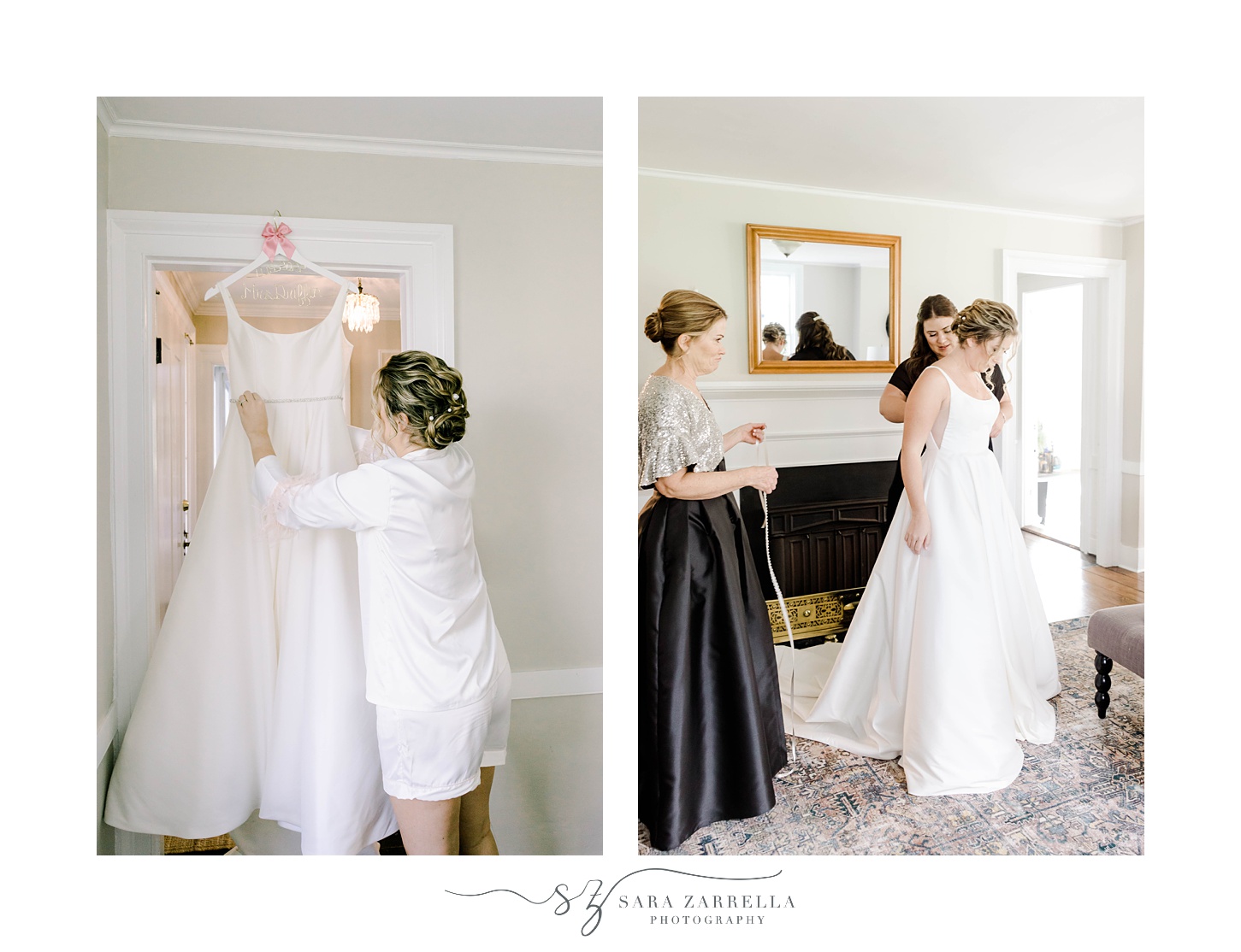 mother and bridesmaid help bride into wedding gown