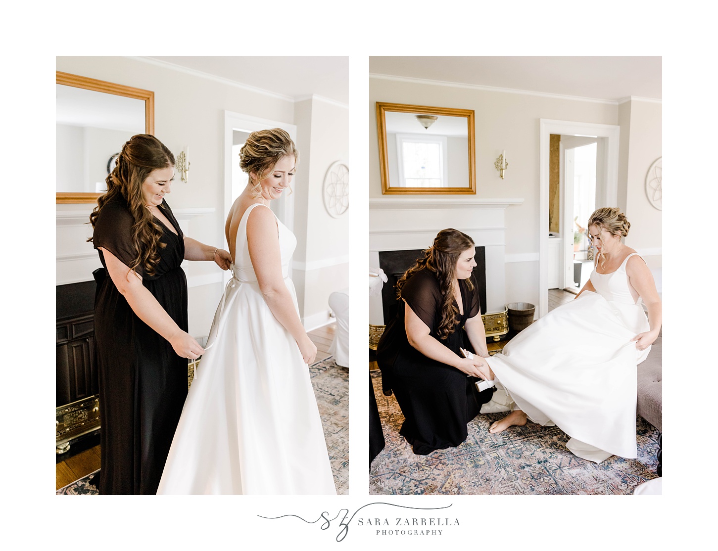 bridesmaid in black gown helps bride with dress and shoes 