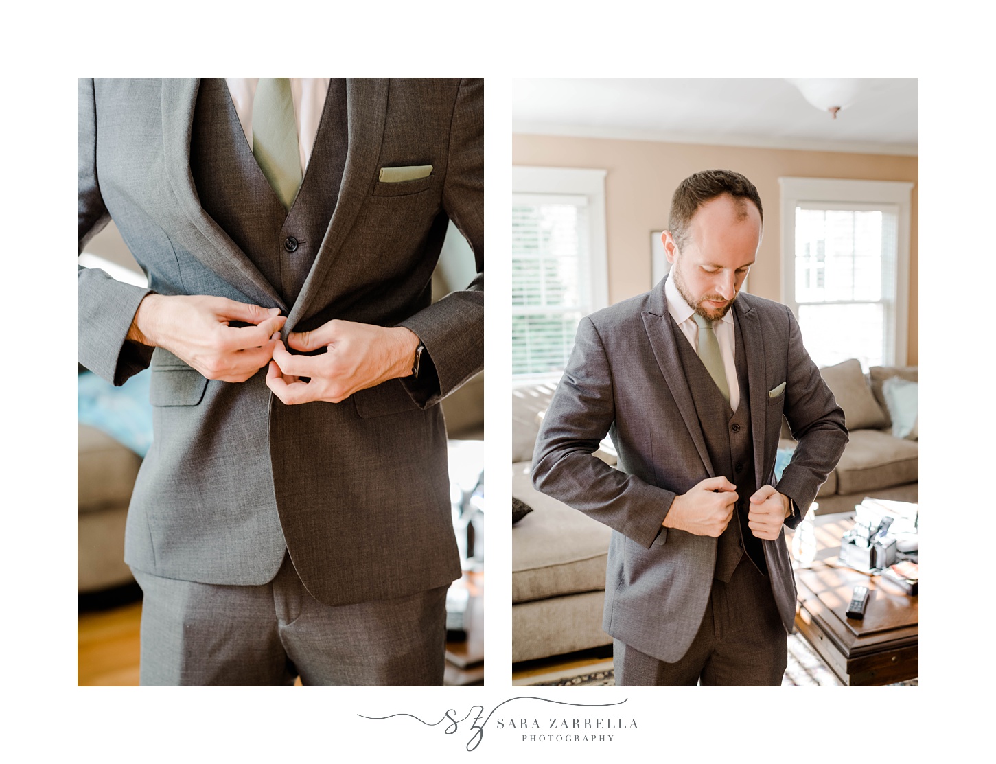 groom adjusts buttons on grey suit