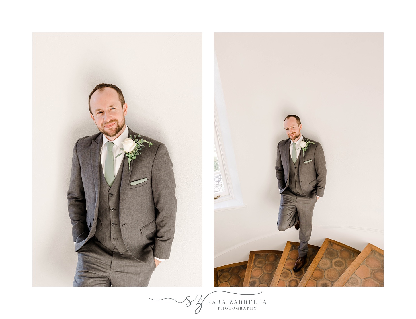groom in grey suits leans against white wall by wooden staircase 