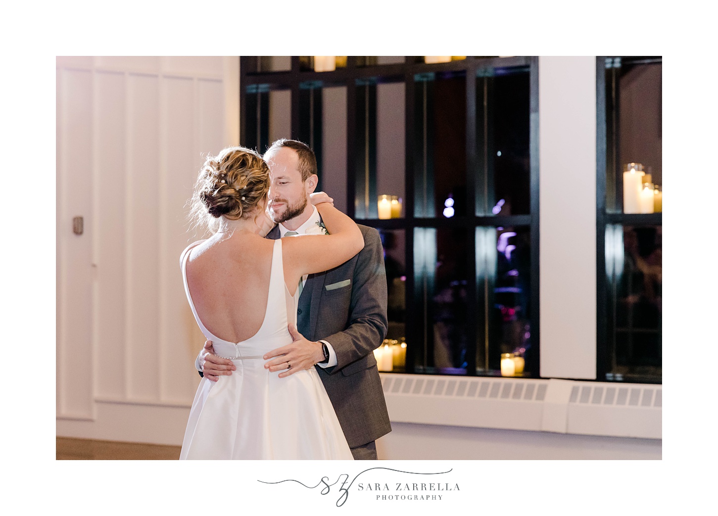 bride and groom's first dance by big window at Shepard's Run