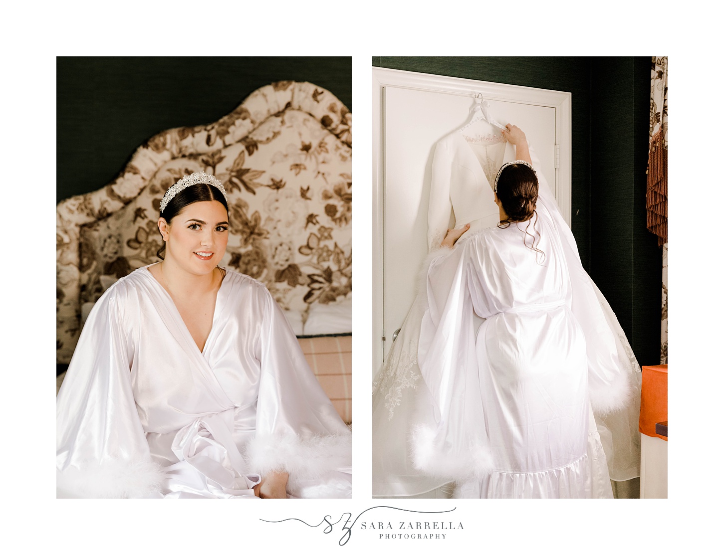 bride hangs up wedding dress on door at The Graduate Providence hotel room