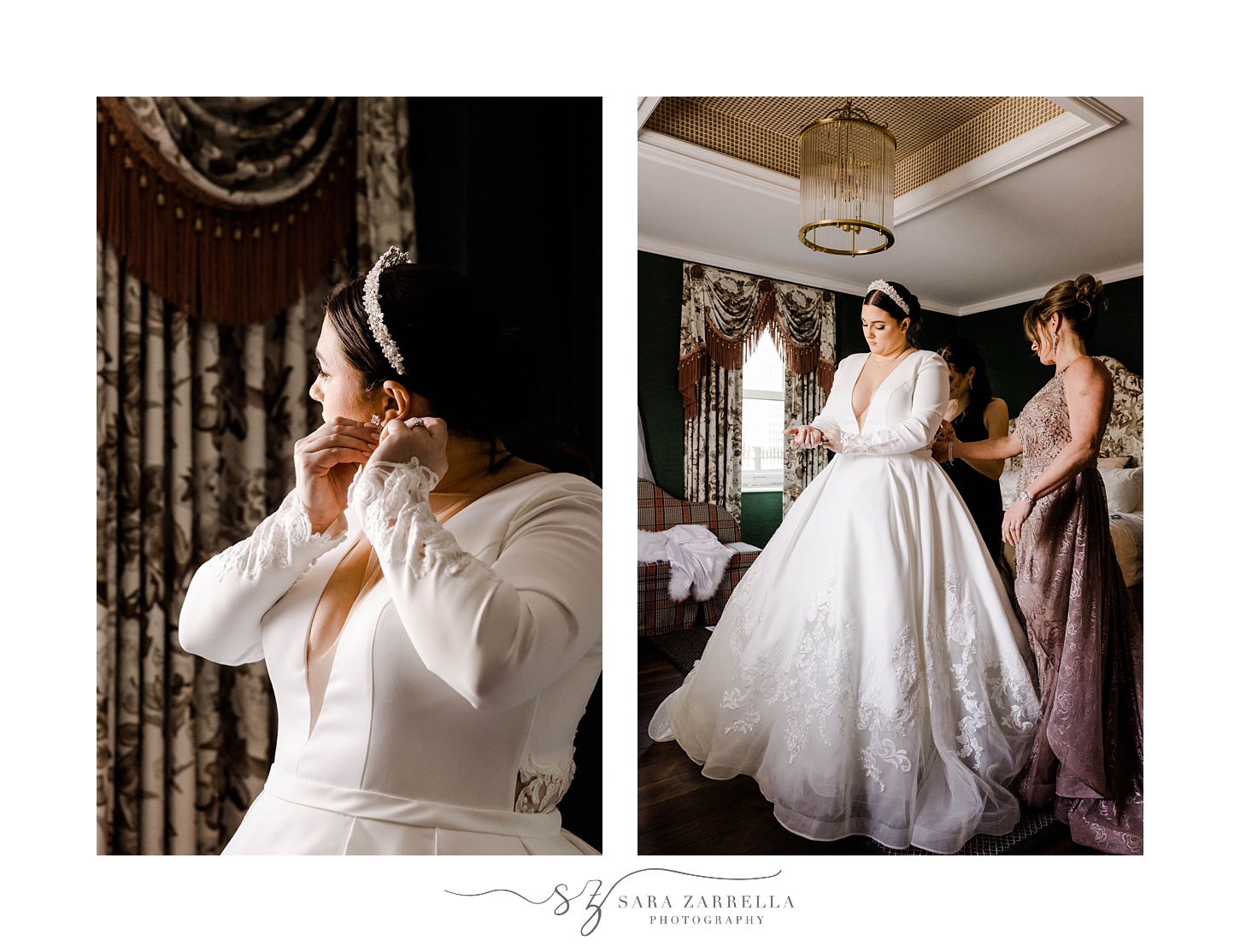 bride adjusts earrings while putting on wedding gown 