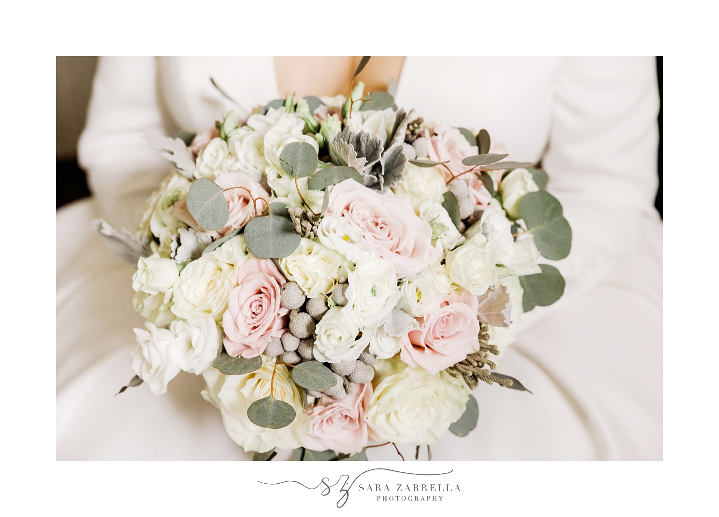 bride's pink and white bouquet for winter wedding at The Graduate Providence 