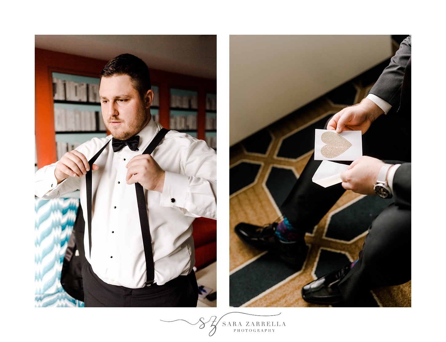 groom adjusts suspenders before RI wedding 