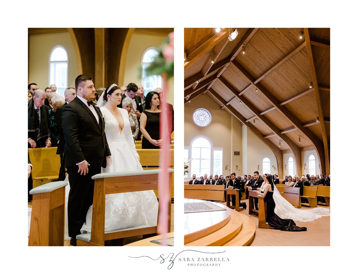 newlyweds kneel at alter during traditional church wedding in Providence, RI
