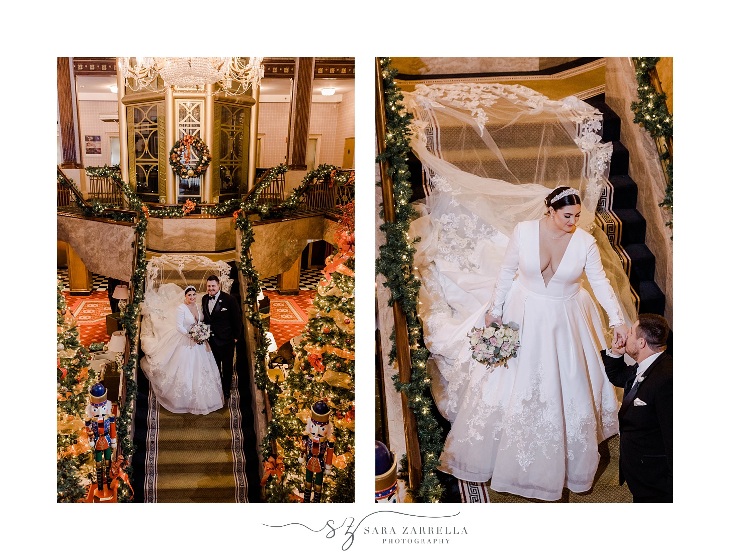 groom helps bride down steps inside The Graduate Providence