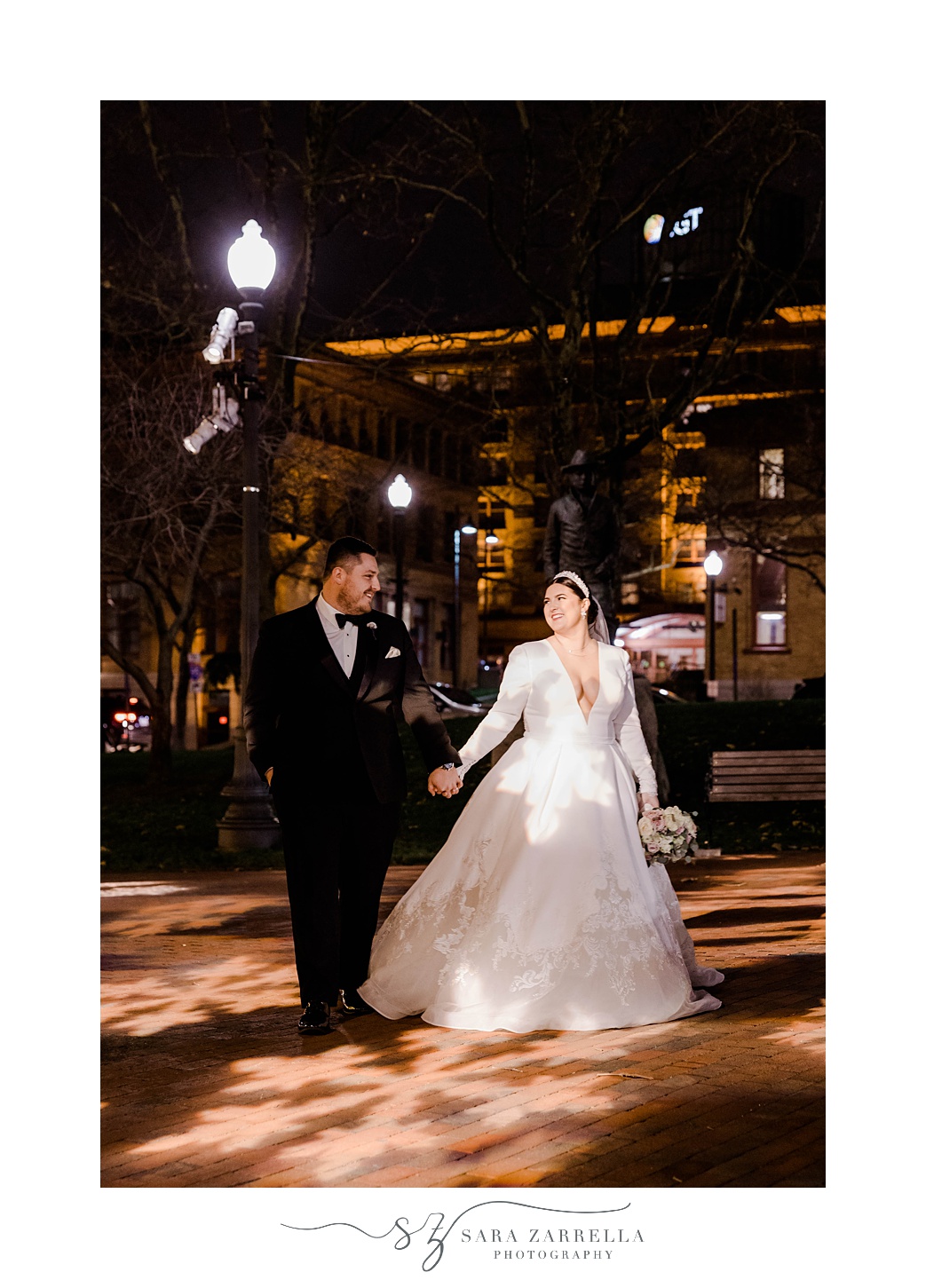 bride and groom walk through park in Providence RI