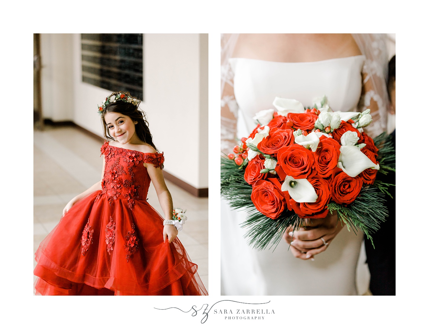 flower girl poses in red dress 