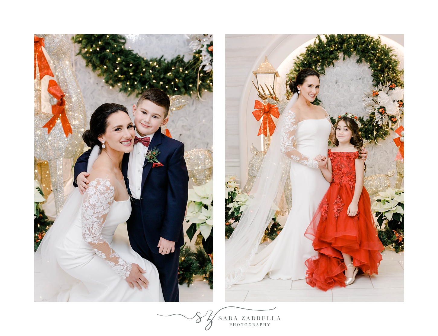 bride and groom pose with children by holiday decorations at Quidnessett Country Club