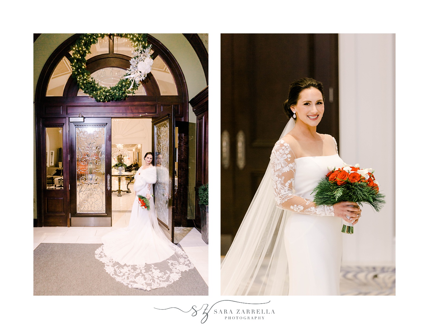 winter bride with wedding gown with lace sleeves and red rose bouquet poses by dark wood doors of Quidnessett Country Club
