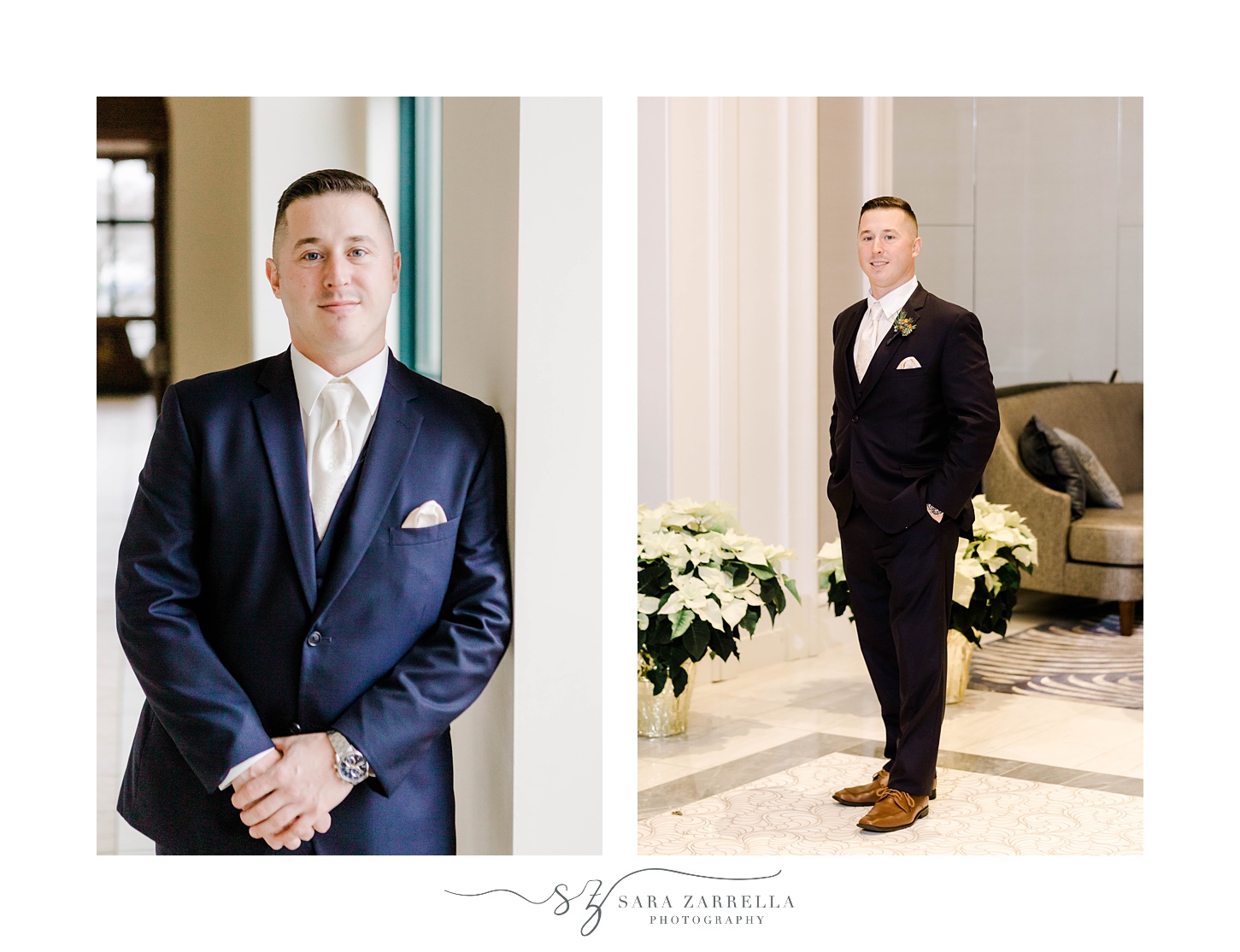 groom poses in navy suit in lobby of Quidnessett Country Club