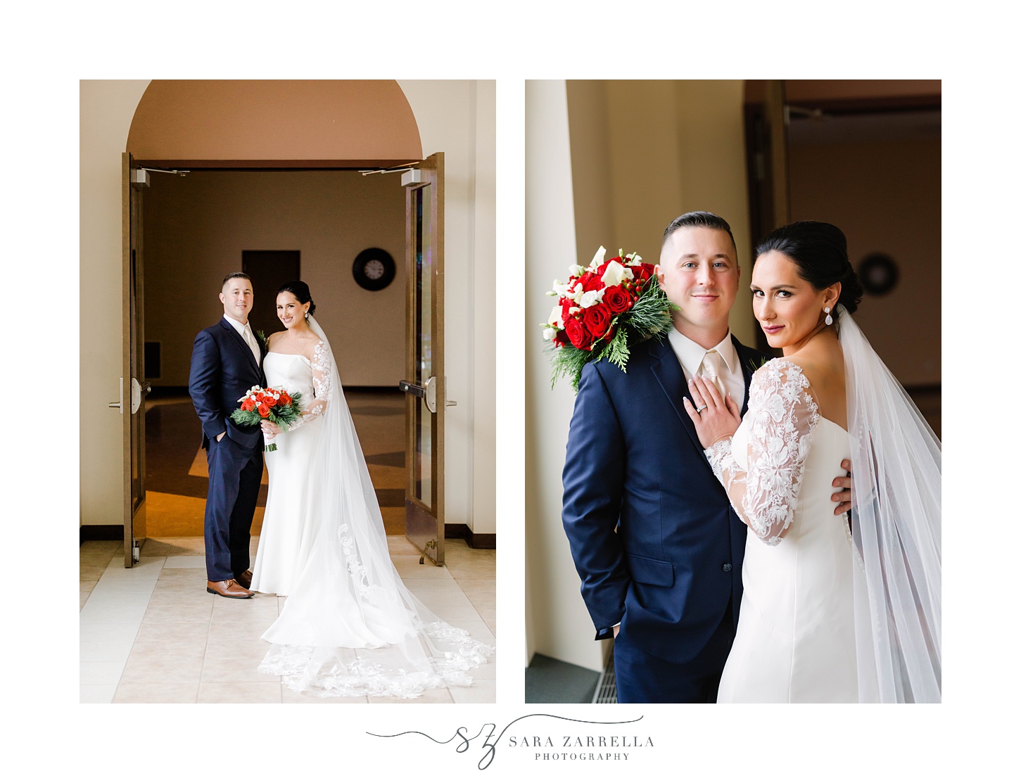 bride and groom hug in lobby of Quidnessett Country Club before winter wedding 
