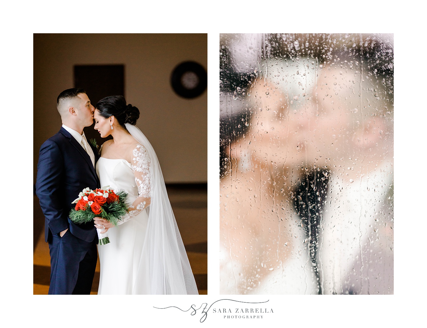 bride and groom kiss behind foggy glass
