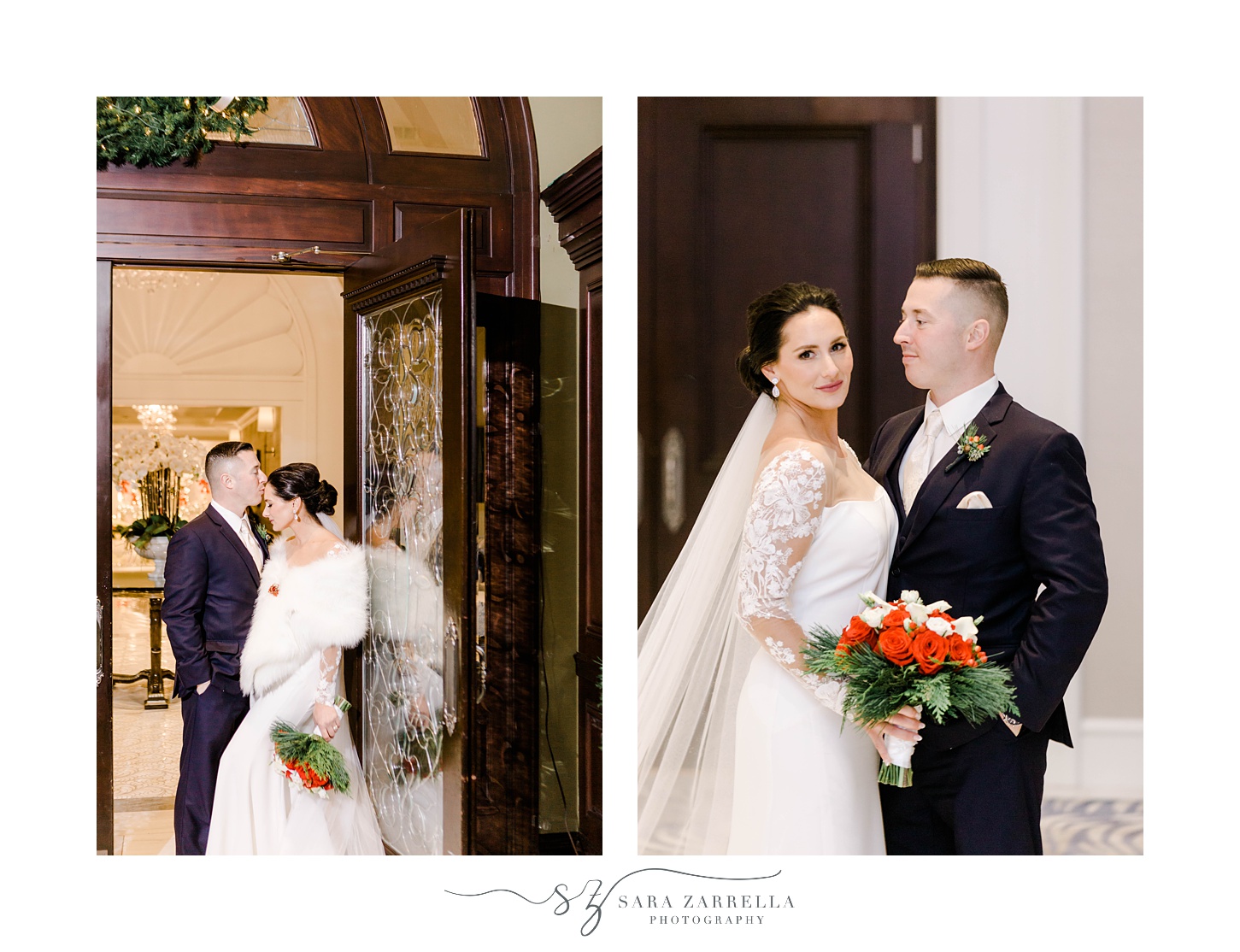 newlyweds smile agains wooden doors of Quidnessett Country Club