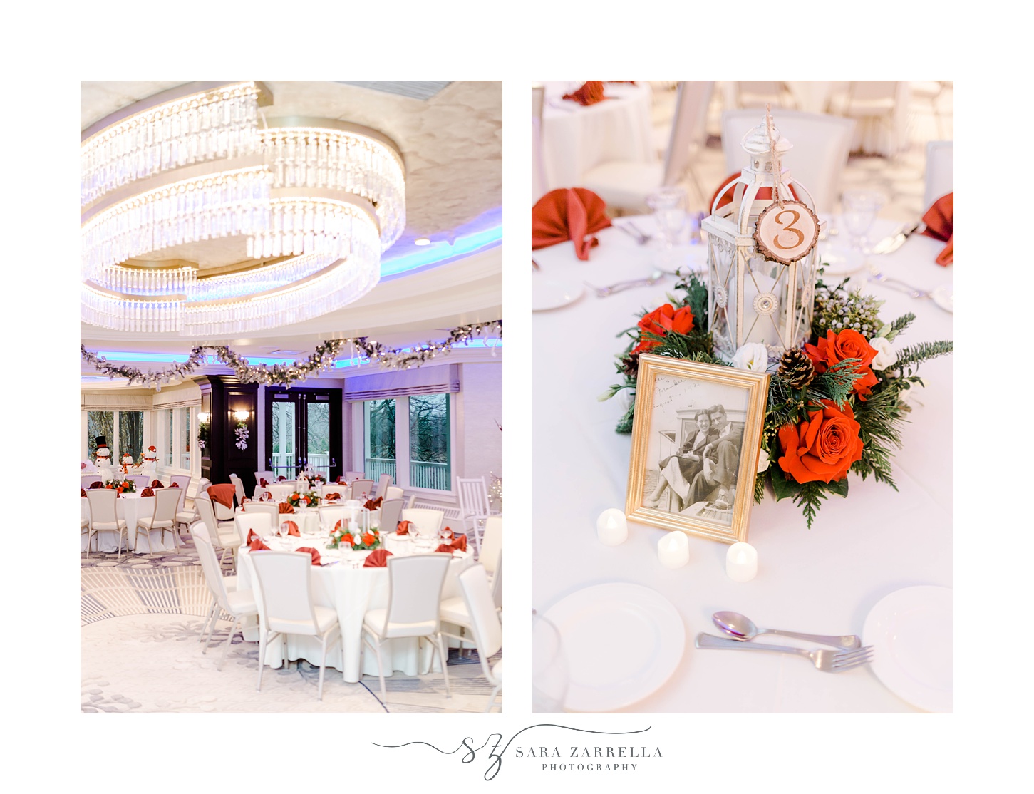 wedding reception with red and white details at Quidnessett Country Club