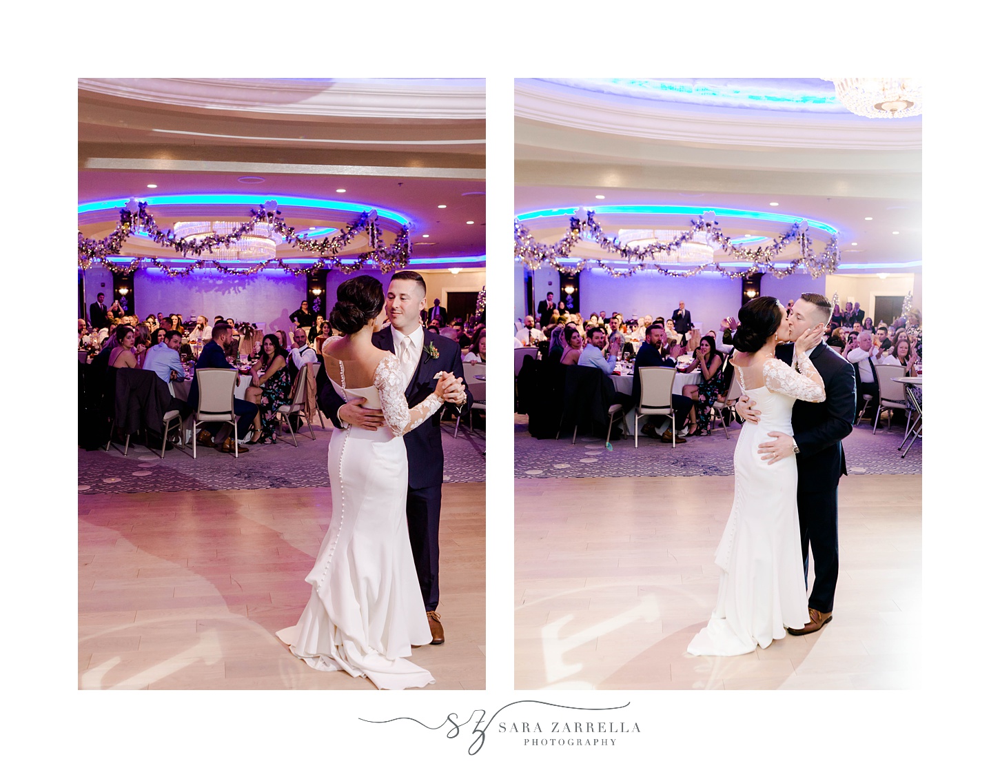 bride and groom dance during reception at Quidnessett Country Club