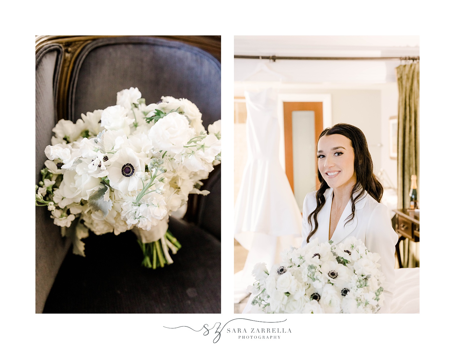bride holds bouquet of white anemone bouquet