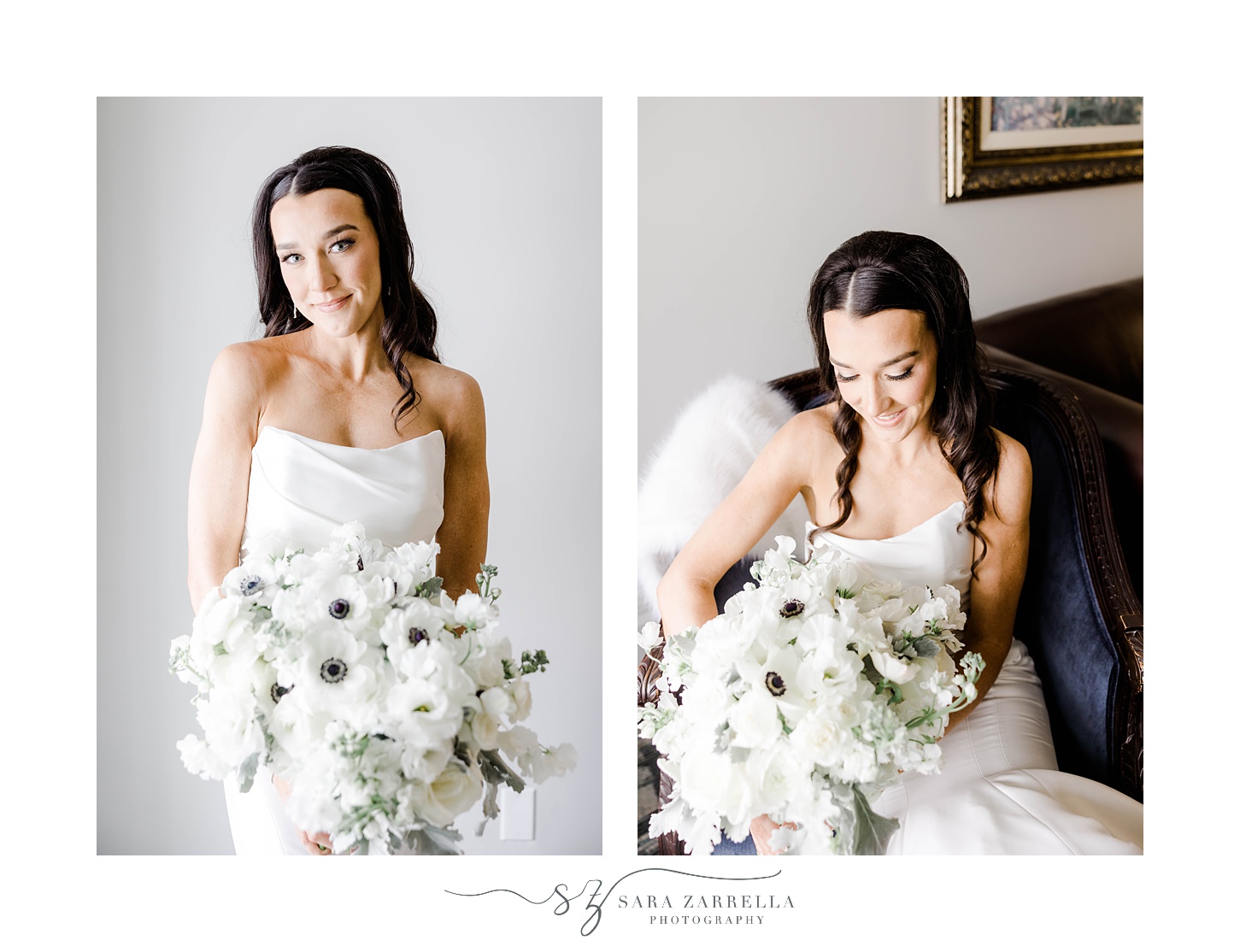 bride poses in room at Belle Mer holding bouquet of anemones